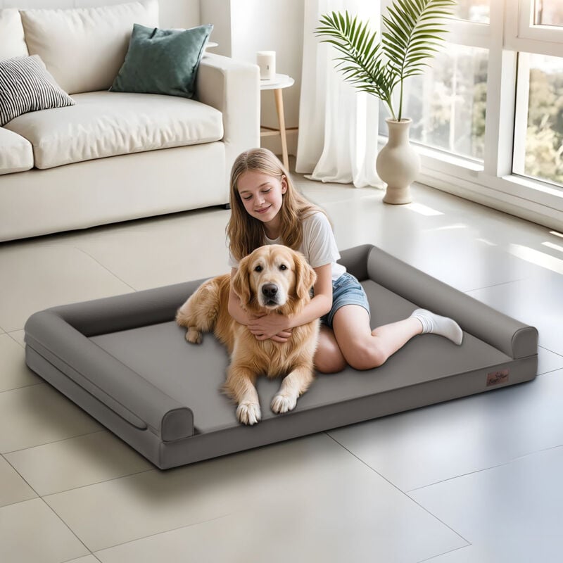 Bingo Paw - BingoPaw Large Dog Bed Orthopedic 3 Side Bolster Pet Beds Microfiber Leather Cover Couch Sofa - 130 x 98 x 18cm
