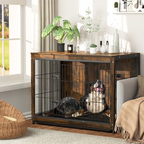 BINGO PAW Rustic Brown Wooden Dog Cage Cat Pet Crate House End Table Dog Kennel Dual Door, Extra Large 97.5x59x75.7cm