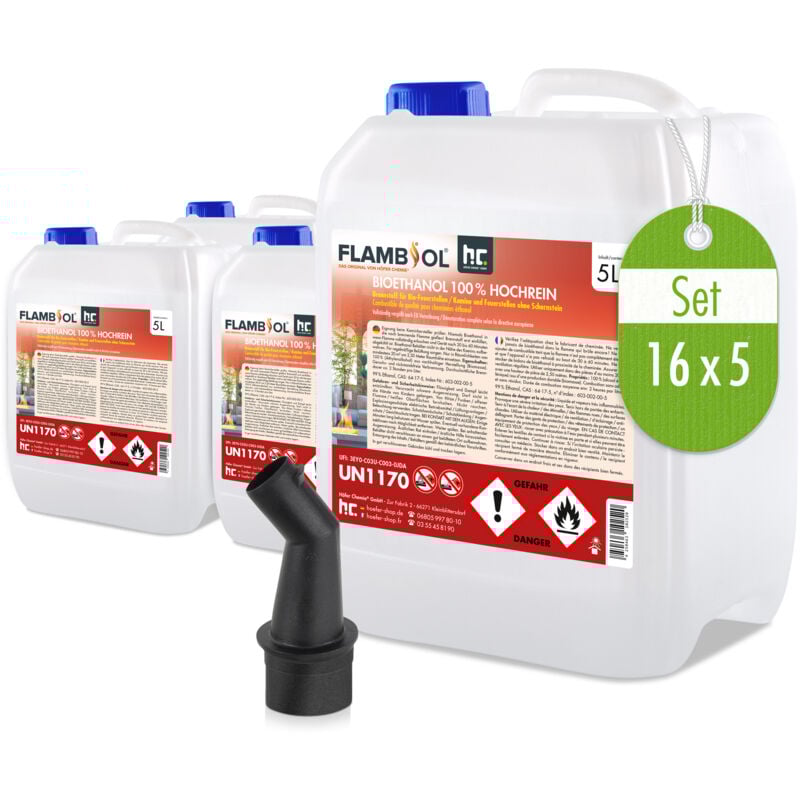 Höfer Chemie 16 x 5 l (80 l) Bioéthanol 100 % de haute pureté pour cheminée à éthanol, godets à éthanol, feu de table et braséros au bioéthanol