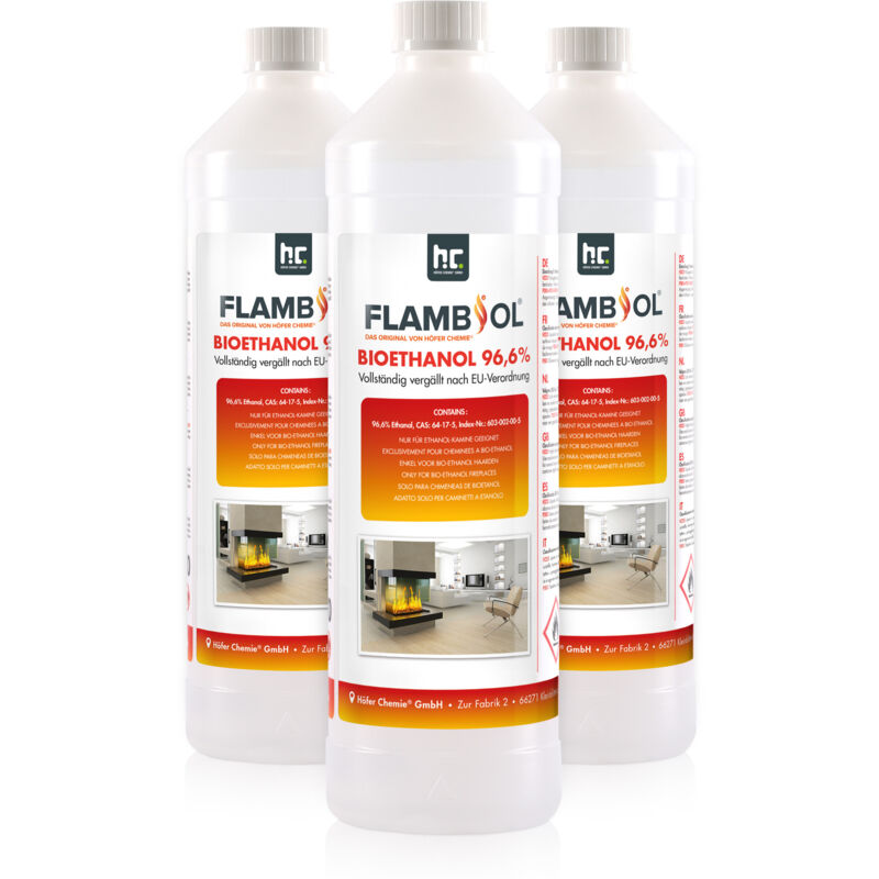 Flambiol Bioéthanol 96,6% Premium 1 l - Pour Cheminée de Table, Cheminée & déco de Jardin - Sans Fumée ni suie - a base de maïs & de Betteraves