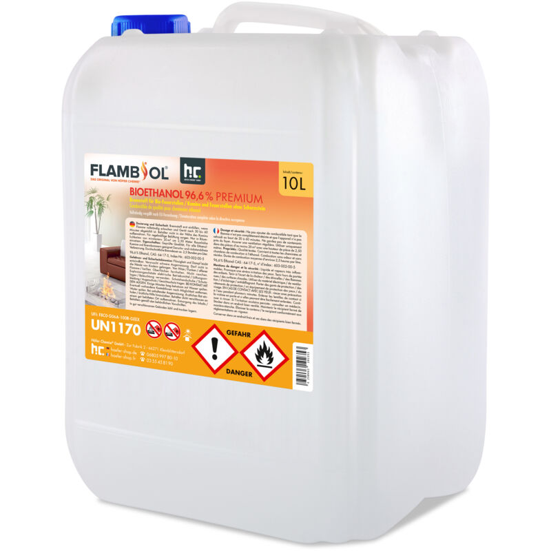 Flambiol Bioéthanol 96,6% Premium 10 l - Pour Cheminée de Table, Cheminée & Décoration de Jardin - Sans Fumée ni suie - a base de maïs & de Betteraves