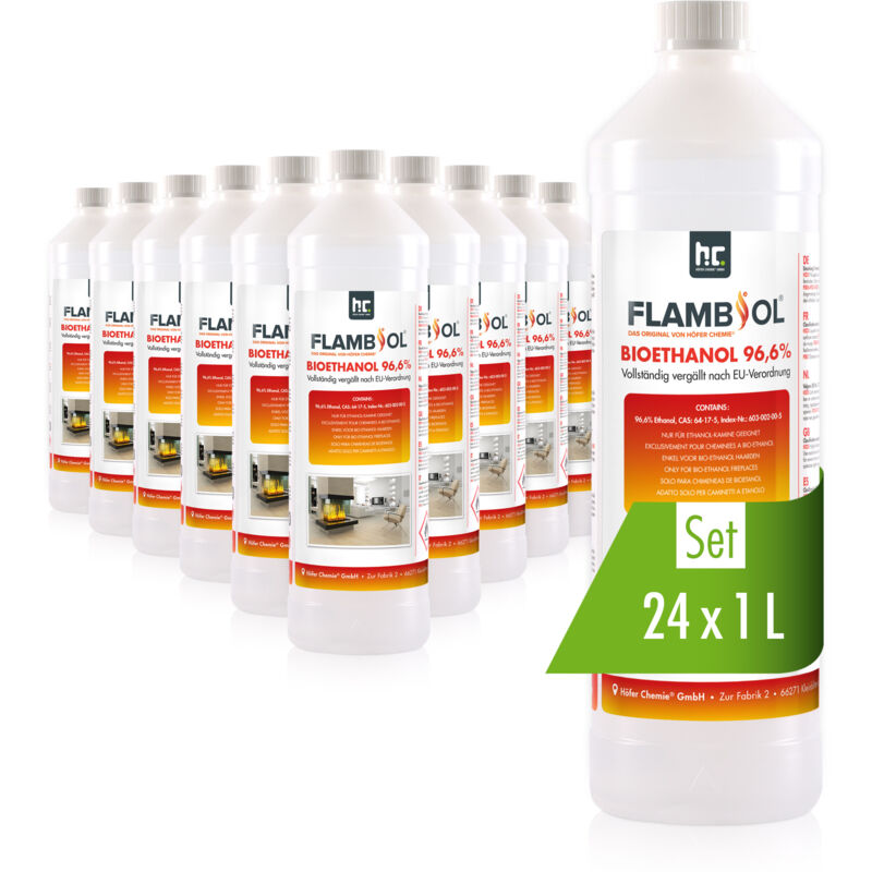 Flambiol Bioéthanol 96,6% Premium 24 x 1 l - Pour Cheminée de Table, Cheminée & déco de Jardin - Sans Fumée ni suie - a base de maïs & de Betteraves