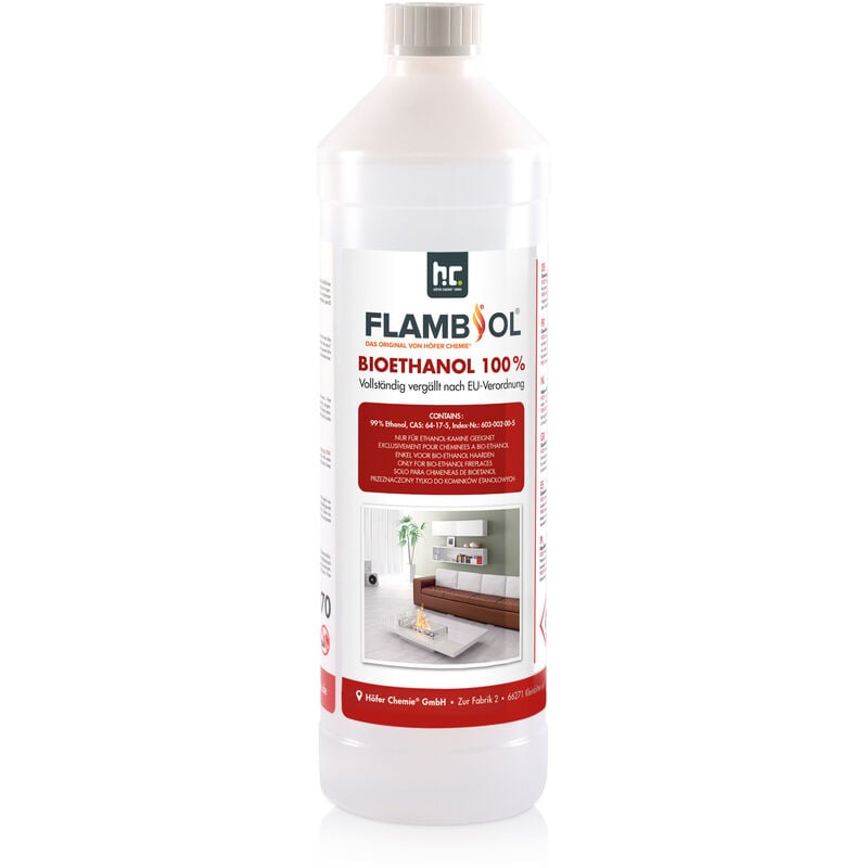 Höfer Chemie flambiol® Bioéthanol 1 l Ultra Pur 100% - Combustible Écologique pour Cheminées de Table et Poêles en Acier Inoxydable, Combustion