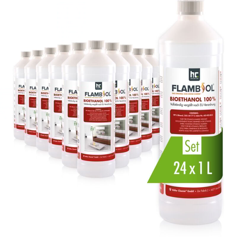 Höfer Chemie flambiol® Bioéthanol 24 x 1 l Ultra Pur 100% - Combustible Écologique pour Cheminées de Table et Poêles en Acier Inoxydable, Combustion
