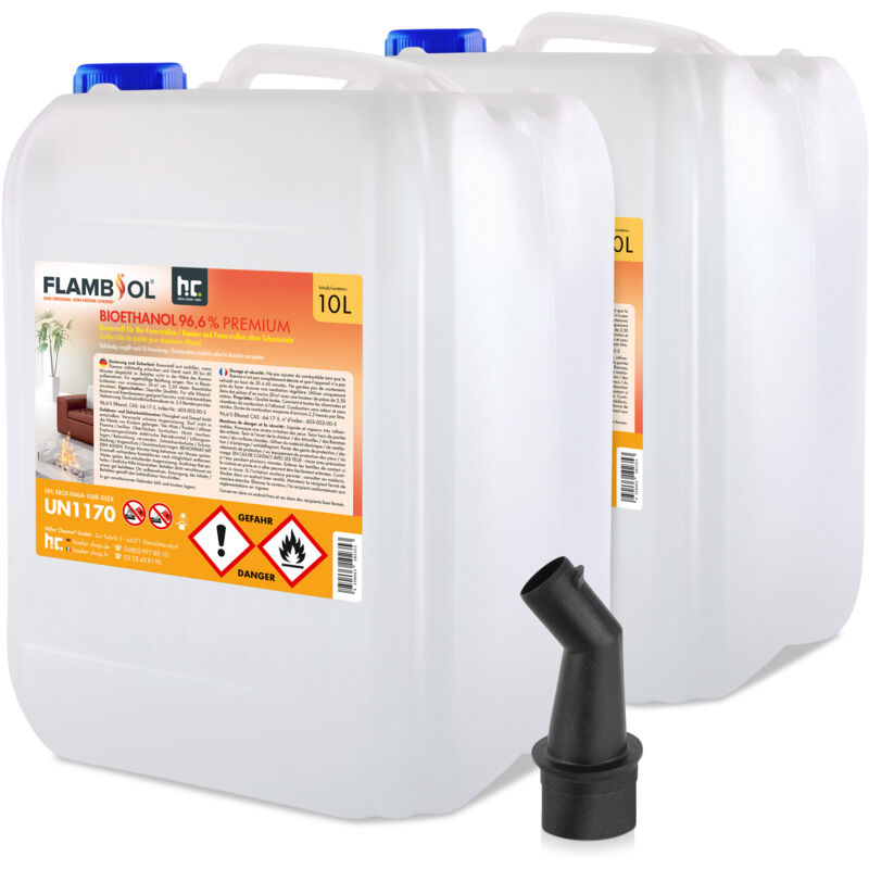 Flambiol Bioéthanol 96,6% Premium 2 x 10 l - Éthanol pour cheminées de table, cheminées et décorations de jardin extérieur - Sans fumée ni suie - a