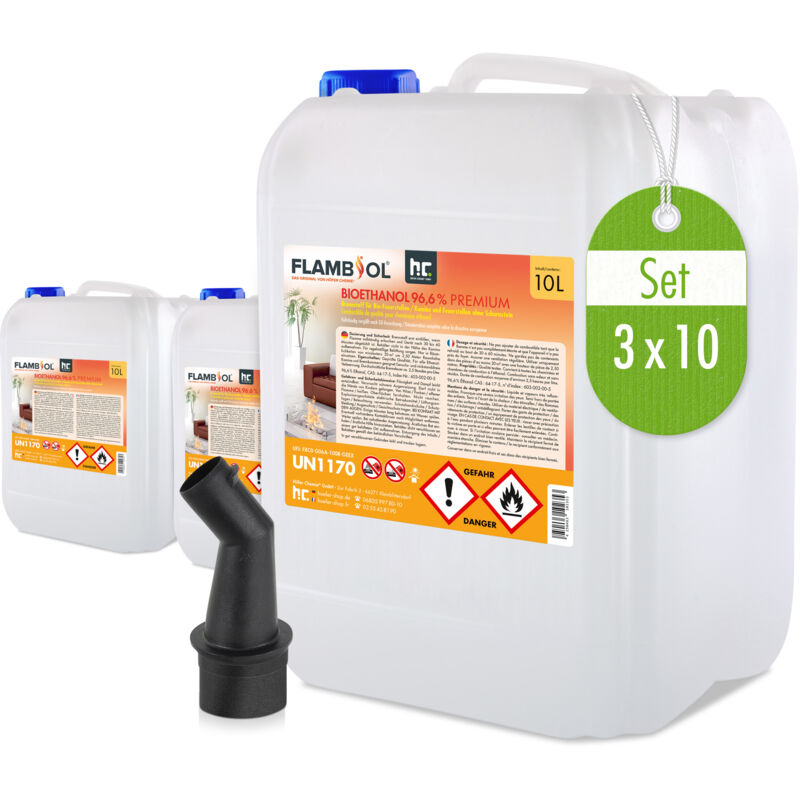 Flambiol Bioéthanol 96,6% Premium 3 x 10L - Éthanol pour cheminées de table, cheminées et décorations extérieures de jardin - Sans fumée ni suie - a