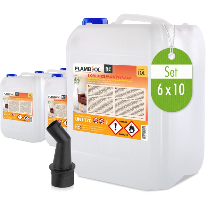 Flambiol Bioéthanol 96,6% Premium 6 x 10 l - Éthanol pour cheminées de table, cheminées et décorations extérieures de jardin - Sans fumée ni suie - a