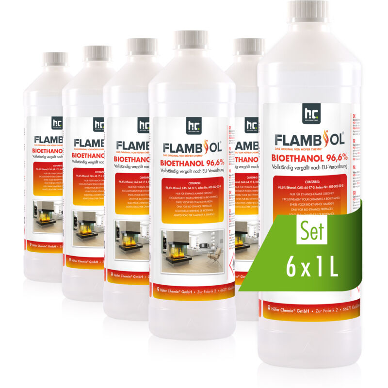 FLAMBIOL Bioéthanol 96,6% Premium 6 x 1 L - Pour Cheminée de Table, Cheminée & déco de Jardin - Sans Fumée ni suie - A base de maïs & de Betteraves