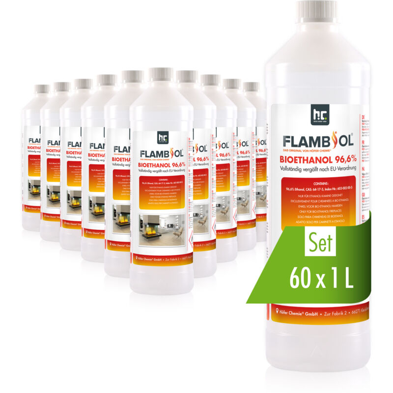 Flambiol Bioéthanol 96,6% Premium 60 x 1 l - Pour Cheminée de Table, Cheminée & déco de Jardin - Sans Fumée ni suie - a base de maïs & de Betteraves