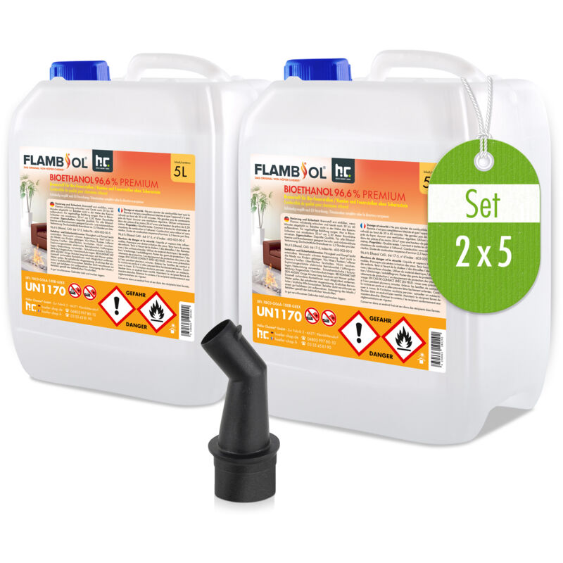 Höfer Chemie 2 x 5 l (10 litres) flambiol® bioéthanol 96,6% premium pour cheminée à l'éthanol, cheminée à l'éthanol, feu de table à l'éthanol et
