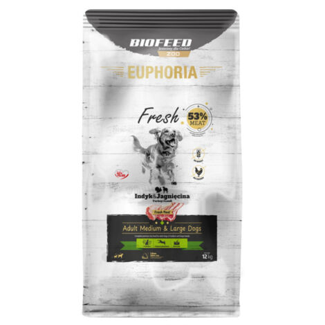 BIOFEED Euphoria Alimento seco para perros medianos y grandes con pavo y cordero, 12 kg