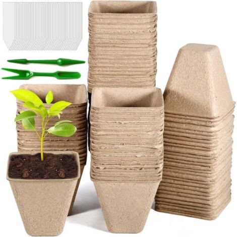 Biologisch abbaubare Anzuchttöpfe, 100 Stück 8 cm quadratische biologisch abbaubare Sämlingstöpfe, Faser-Saattöpfe für Sämlinge + 100 Pflanzenetiketten + 2 Umpflanzwerkzeuge für Samen, Pflanzen, Blume