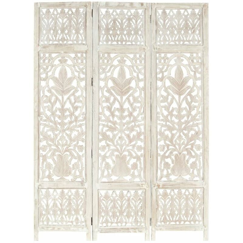 

Happyshopping - Biombo 3 paneles tallado a mano madera mango blanco 120x165 cm