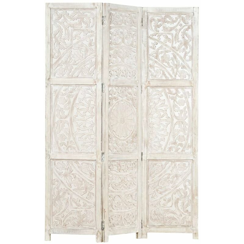 

Happyshopping - Biombo 3 paneles tallado a mano madera mango blanco 120x165 cm