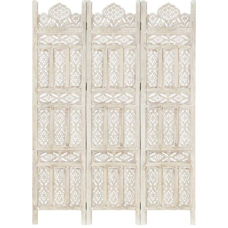 

Biombo 3 paneles tallado a mano madera mango blanco 120x165 cm - Blanco