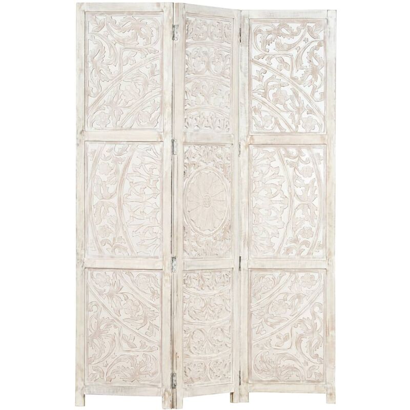 

Biombo 3 paneles tallado a mano madera mango blanco 120x165 cm - Blanco