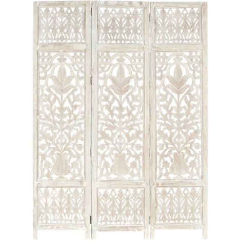 Biombo 3 paneles tallado a mano madera mango blanco 120x165 cm
