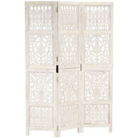 Biombo 3 paneles tallado a mano madera mango blanco 120x165 cm vidaXL