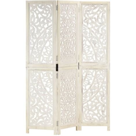 Biombo 3 paneles tallado a mano madera mango blanco 120x165 cm vidaXL