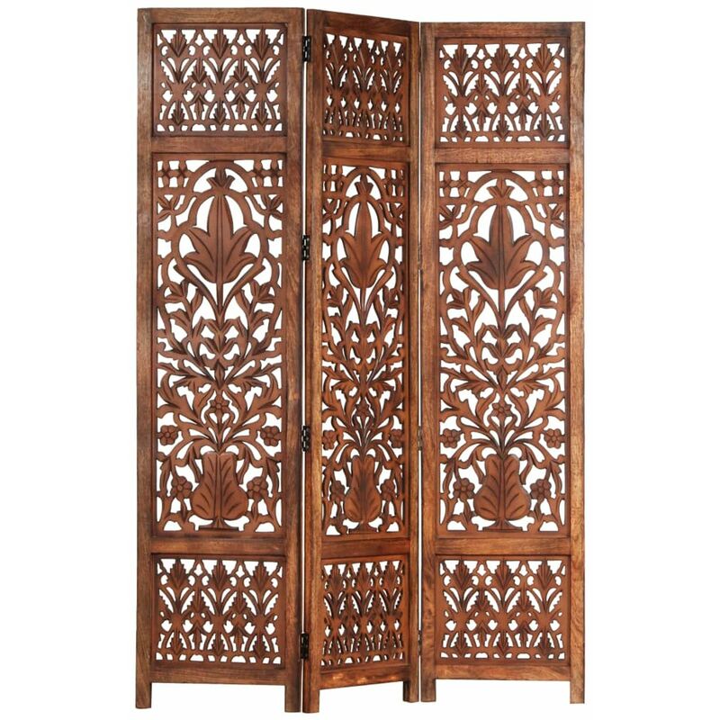 

Happyshopping - Biombo 3 paneles tallado a mano madera mango marron 120x165 cm