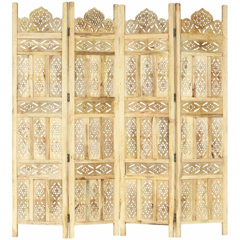 

Happyshopping - Biombo 4 paneles tallado a mano madera maciza mango 160x165 cm