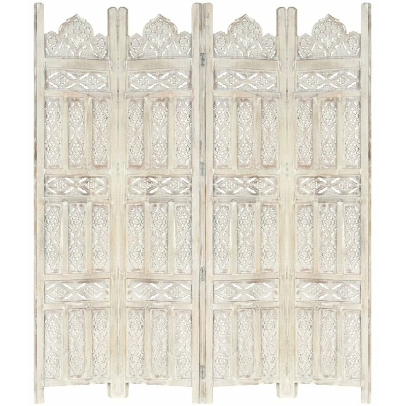 

Happyshopping - Biombo 4 paneles tallado a mano madera mango blanco 160x165 cm