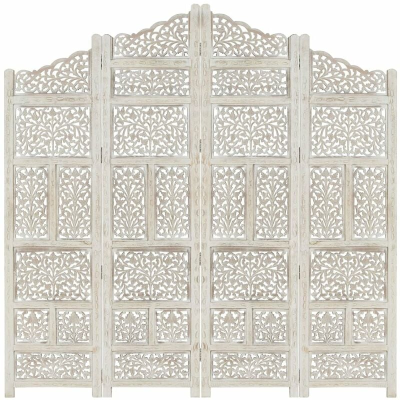 

Happyshopping - Biombo 4 paneles tallado a mano madera mango blanco 160x165 cm