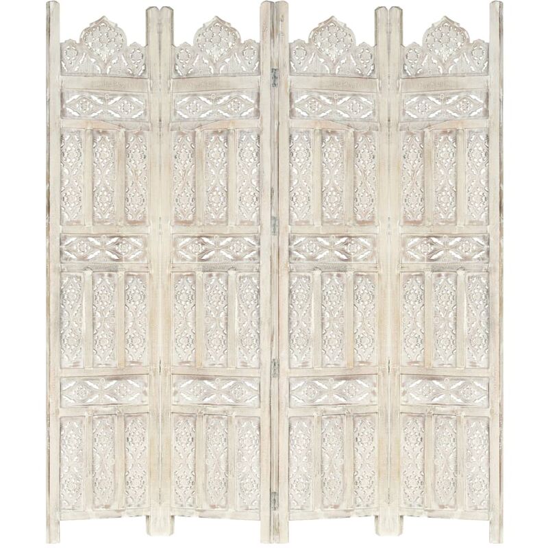 

Biombo 4 paneles tallado a mano madera mango blanco 160x165 cm - Blanco