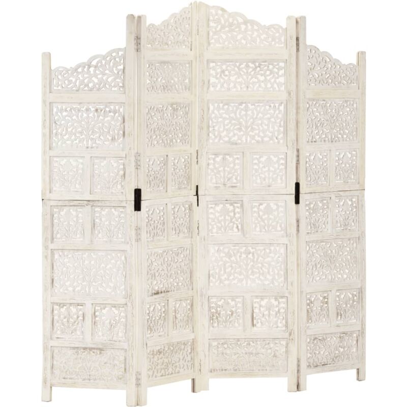 

Biombo 4 paneles tallado a mano madera mango blanco 160x165 cm - Blanco - Vidaxl