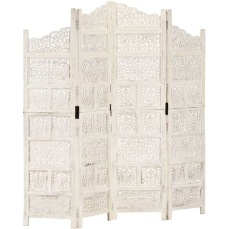 Biombo 4 paneles tallado a mano madera mango blanco 160x165 cm vidaXL