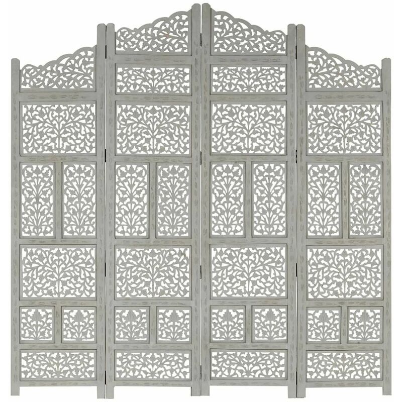 

Happyshopping - Biombo 4 paneles tallado a mano madera mango gris 160x165 cm