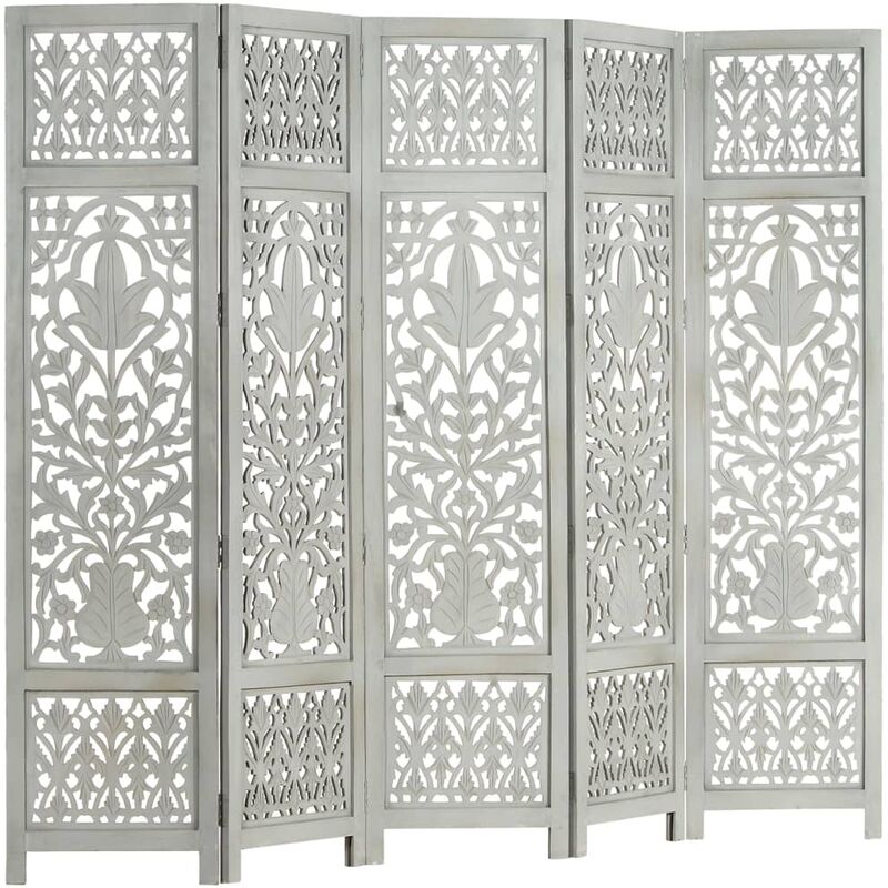 

Biombo 5 paneles tallado a mano madera de mango gris 200x165 cm