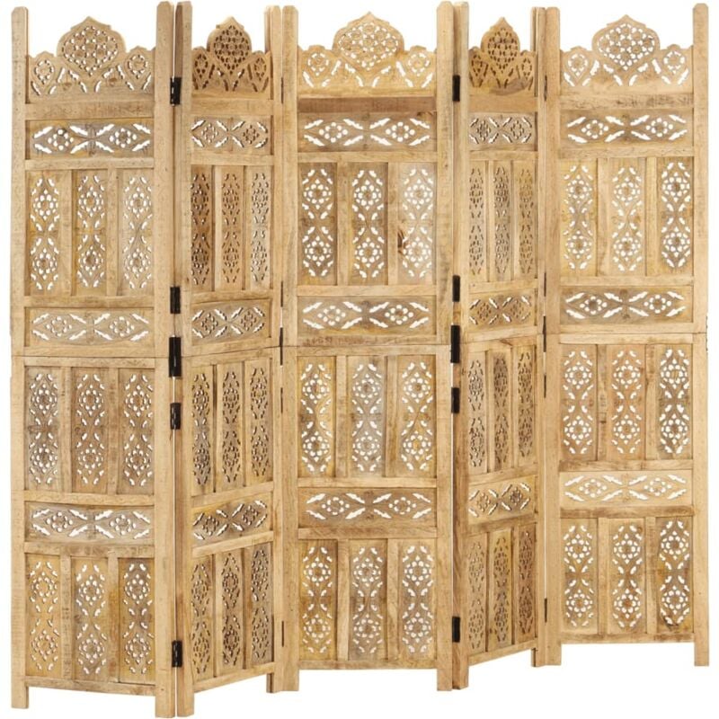 

Biombo 5 paneles tallado a mano madera maciza mango 200x165 cm - Marrón - Vidaxl