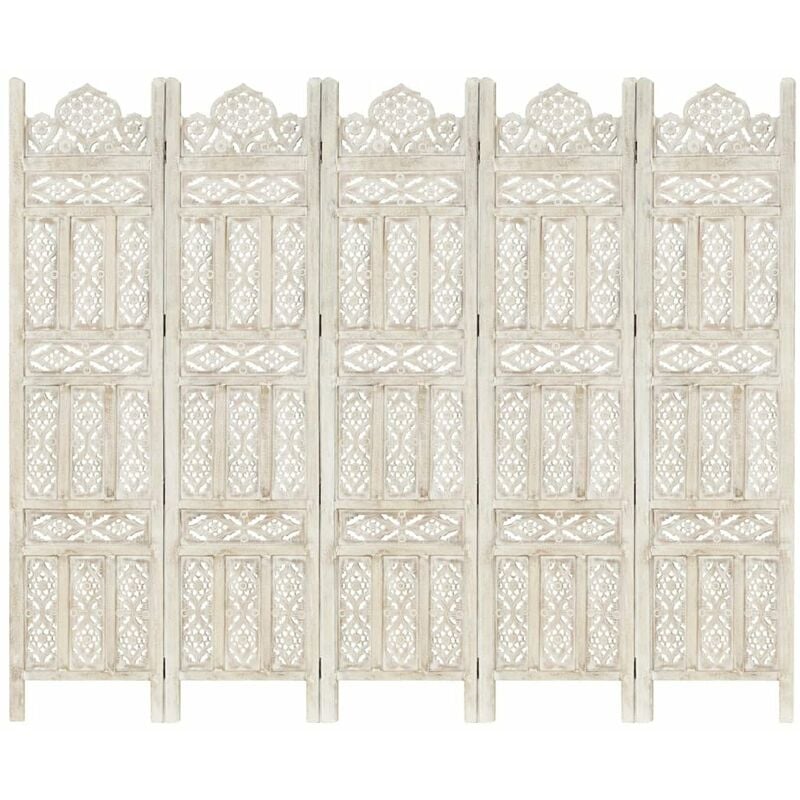 

Biombo 5 paneles tallado a mano madera mango blanco 200x165 cm