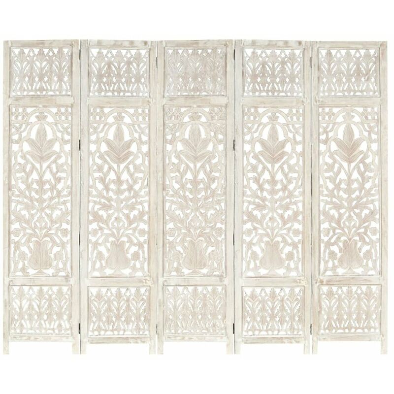 

Biombo 5 paneles tallado a mano madera mango blanco 200x165 cm