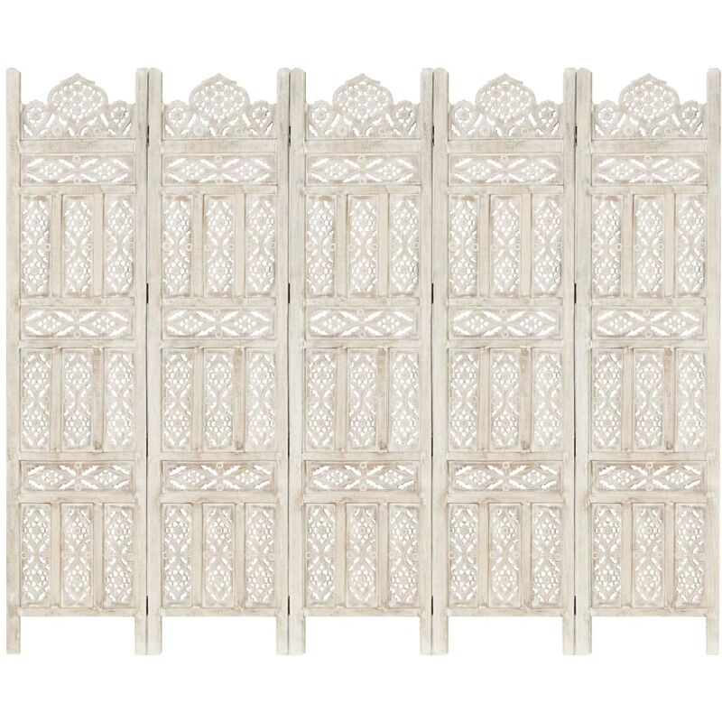 

Biombo 5 paneles tallado a mano madera mango blanco 200x165 cm