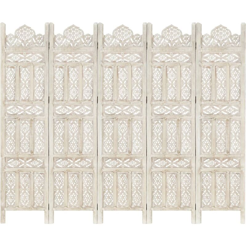 

Biombo 5 paneles tallado a mano madera mango blanco 200x165 cm - Blanco