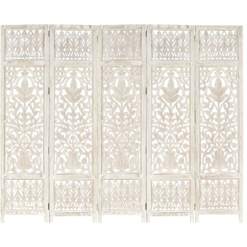 

Biombo 5 paneles tallado a mano madera mango blanco 200x165 cm - Blanco