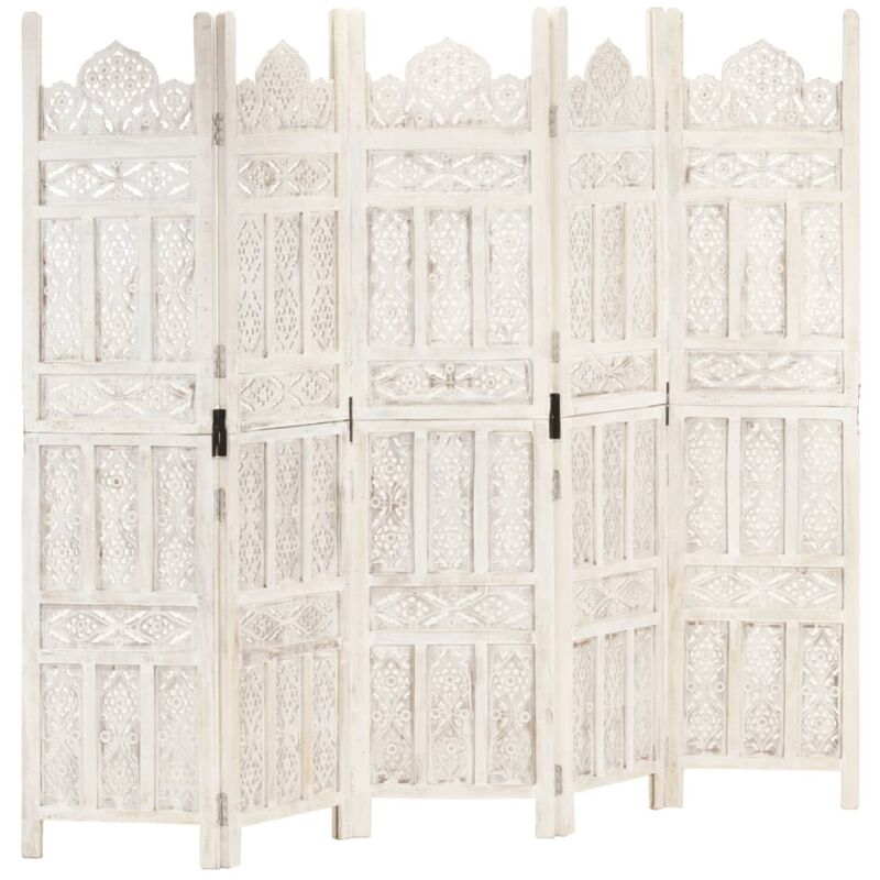 

Biombo 5 paneles tallado a mano madera mango blanco 200x165 cm - Blanco - Vidaxl
