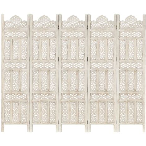 Biombo 5 paneles tallado a mano madera mango blanco 200x165 cm