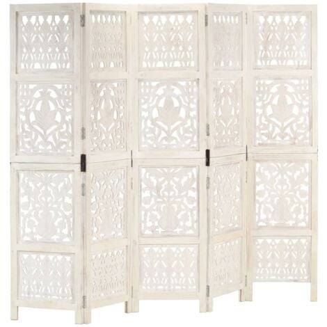 Biombo 5 paneles tallado a mano madera mango blanco 200x165 cm vidaXL