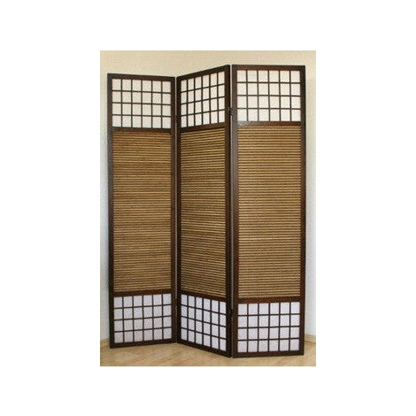 Biombo de 3 paneles marrón en madera y bambú 132 x175 cm PAR06009