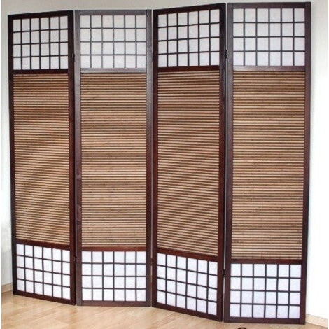 Biombo de 4 paneles marrón en madera y bambú 176 x175 cm PAR06010
