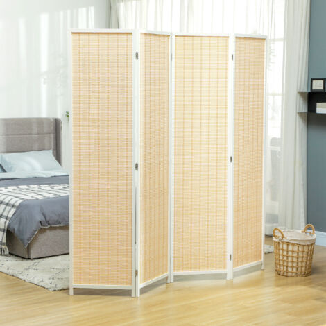 Biombo de 4 Paneles Plegable 180x180 cm Separador de Ambientes Tejido a Mano de Bambú Decoración para Salón Blanco