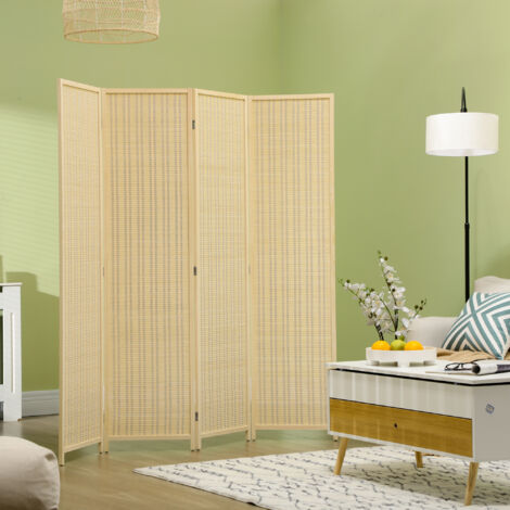 Biombo de 4 Paneles Plegable 180x180 cm Separador de Ambientes Tejido a Mano de Bambú Decoración para Salón Natural