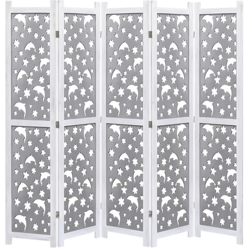 

vidaXL Biombo de 5 paneles de madera maciza gris 175x165 cm - Gris