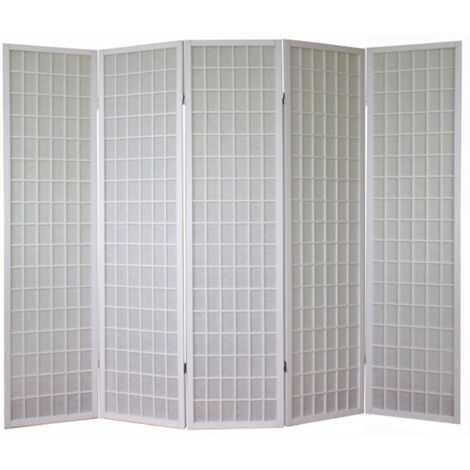 Biombo de 5 paneles en madera blanca y papel de arroz 175x220cm PAR06059