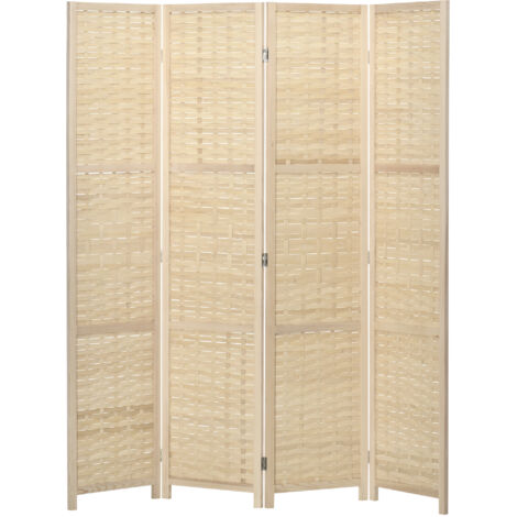 Biombo de interior de cuatro paneles fabricado en madera y bambú tejido, plegable y que ahorra espacio, 170 cm de alto, natural.