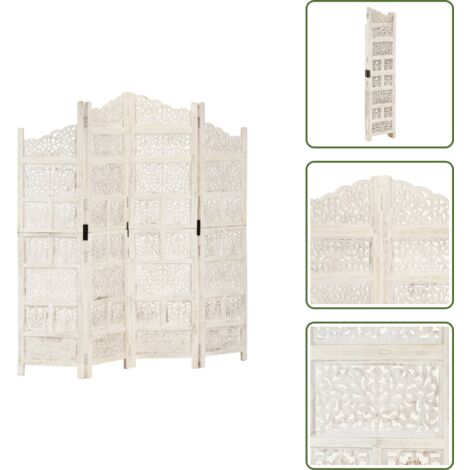 Biombo de madera con patrones - vidaXL Biombo 4 paneles tallado a mano madera mango blanco 160x165 cm - Biombo de madera blanco