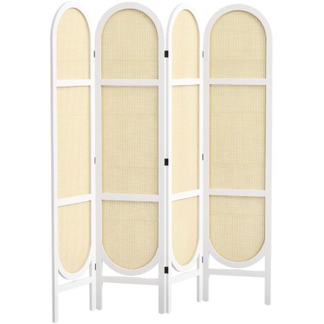 Biombo de madera de cuatro paneles para interiores, 170 x 160 cm, plegable y portátil, con diseño tejido a mano, color blanco.